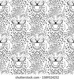 Leopard Roar face or head. Hand drawn Leopard Head animal or predator seamless pattern background. Vector illustration