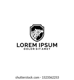 Leopard roar logo template with shield security company symbol in flat design monogram illustration