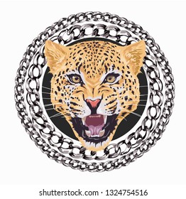 leopard roaring in chain lace circle illustration