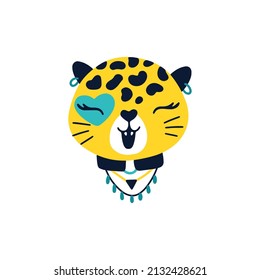 Leopard Rock girl. Vector cartoon character in rock accessories. Isolate illustration on white background for kids in funny doodle style