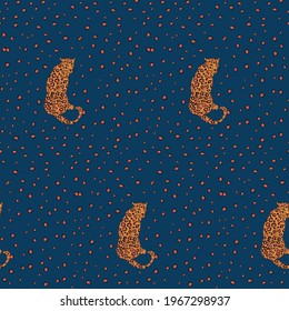 Leopard and rosette in dark orange and deep blue. Designed in seamless repeat pattern. Ideal to be used in combination with the tropical jungle hero pattern, but can be used independently on fabrics. 