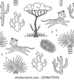 Leopard running through the jungle, seamless pattern with vector hand drawn illustration