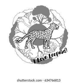 Leopard and savanna trees print. Hand drawn sketches. Vector Illustration