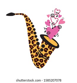 
Leopard Saxophone with notes and hearts.  Greeting card or print for Valentine's Day. Vector illustration.