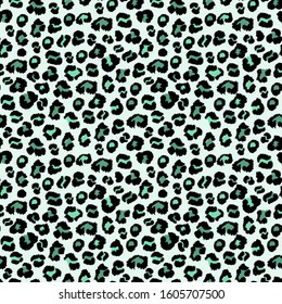 Leopard seamless fashion pattern green, mint background color, print, vector, wild animal skin, fabric, paper.