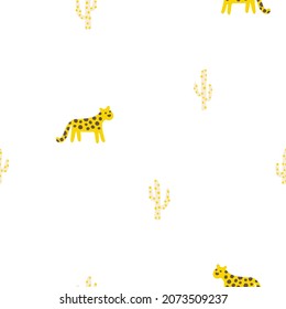 Leopard seamless minimalistic pattern with cacti. Cute cartoon characters on a white background. Hand-drawn illustrations in Scandinavian style. Ideal for baby test, clothing, wallpaper