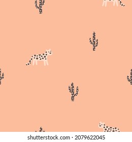 Leopard seamless minimalistic pattern with cacti. Cute cartoon characters on a pink background. Hand-drawn illustrations in Scandinavian style. Ideal for baby test, clothing, wallpaper