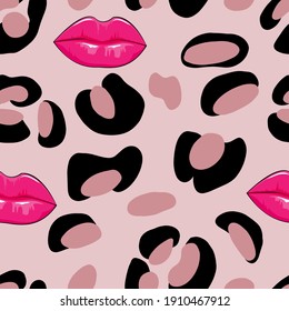 Leopard seamless pattern in abstract style with hot pink lips with pink pastel background,Vector illustration seamless in the swatches panel for wrapping paper,textile,fabric,wallpaper and cloths