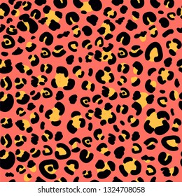 Leopard seamless pattern. Animal print with leopard dots. Trendy living coral and yellow color. Vector illustration for textile, postcard, fabric,wrapping paper, background, packaging.