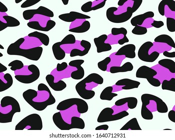 Leopard seamless pattern. Animal texture. Purple, violet, blue, black spots of a hypard. Animal skin, bright pop color. Vector illustration for backgrounds, clothes, testil, wrapping paper, prints