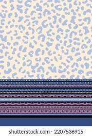 Leopard seamless pattern with boho border print. Vector animal all over surface print on white background with heritage striped bottom repeat.