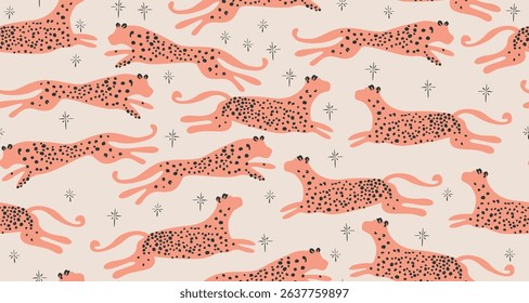 Leopard Seamless Pattern Boho Hand Drawn Style. Cheetah Bohemian Abstract Pattern. Trendy Contemporary Print with Animals. Vector Fashionable Repeat Template for Design. Not AI