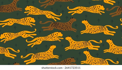 Leopard Seamless Pattern in Boho Hand Drawn Style. Cheetah Bohemian Abstract Pattern. Trendy Contemporary Print with Animals. Vector Fashionable Repeat Template for Design. Not AI