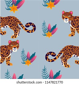 leopard seamless pattern, color vector illustration on gray background,cartoon style