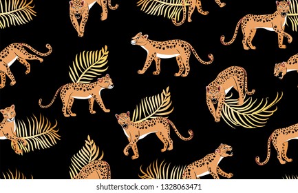Leopard seamless pattern. Composition with leopards and palm leaves isolated on black background. Vector illustration for textile, postcard, fabric, wrapping paper, background, packaging.
