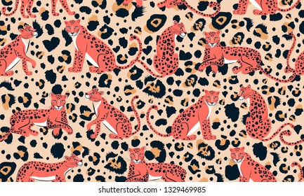 Leopard seamless pattern. Composition with leopards in different poses and leopard dots. Vector illustration for textile, postcard, fabric, wrapping paper, background, packaging.