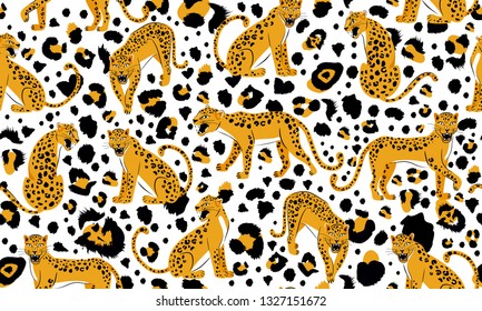 Leopard seamless pattern. Composition with snarling leopards and leopard dots isolated on white background. Vector illustration for textile, postcard, fabric, wrapping paper, background, packaging.