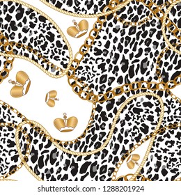 Leopard seamless pattern with crown, chain and rope. Tiger skin print. Animal background. Vector illustration 