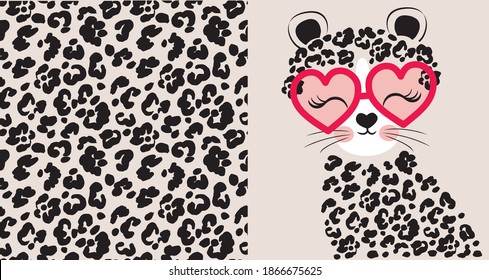 Leopard seamless pattern. Cute cartoon leopard in glasses. Set prints for kids clothes.