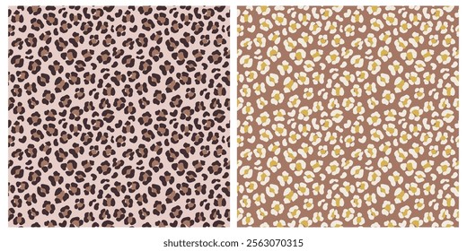 Leopard seamless pattern design in earthy colors. Trendy animal skin background. Hand drawn vector illustration.
