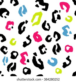 Leopard seamless pattern design. Vector illustration. Hot pink, lime, blue, black colors. Summer funny background