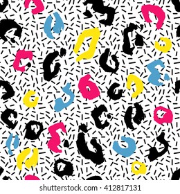 Leopard seamless pattern design. Vector abstract illustration. Hot pink, yellow, blue, black colors. Summer funny background in 80s - 90s style
