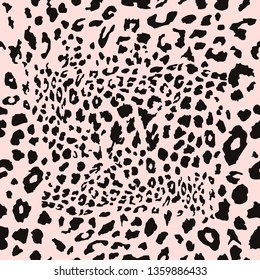 Leopard seamless pattern. Exotic wild animal skin. Safari print. Black and spots on a pink background. Skin of Cheetah, leopard, tiger. Fashionable, elegant, rich Animal abstract texture. vector illus