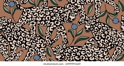 Leopard seamless pattern with floral leaves background Vector
