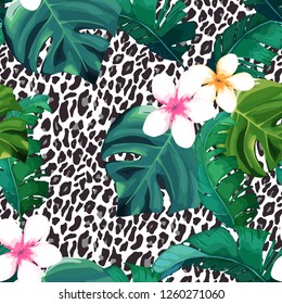Leopard seamless pattern with flower. Tiger skin background. Animal print. Vector illustration