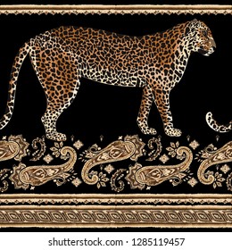 Leopard seamless pattern with flowers and paisley ornament. Animal print. Ethnic background. Vector illustration