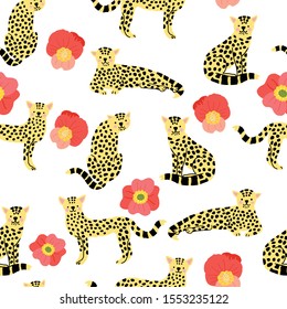 Leopard seamless pattern with flowers, vector illustration. Cheetah, leopard graphic design can be used for print, wallpaper, textile, bedsheet, baby room decoration. EPS10