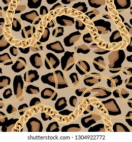 Leopard Seamless Pattern with Golden Chain. Vector Illustration. Animal Print.