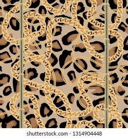 Leopard Seamless Pattern with Golden Chain and Belt with Buckle. Vector Illustration. Animal Print.