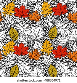 Leopard seamless pattern with  hand drawn colorful maple, oak, beech leaves. Autumn, fall design. Trendy vector illustration background.