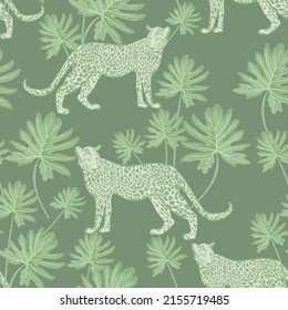 Leopard seamless pattern. Jungle vector background with palm leaves and wild animals. Summer africa print with jaguars.