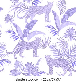 Leopard seamless pattern. Jungle vector background with palm leaves and wild animals. Summer africa print with jaguars.