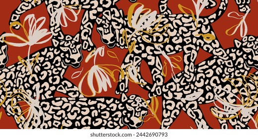 Leopard seamless pattern on orange background vector. Animal fashion pattern.