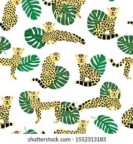 Leopard seamless pattern with palm leaves, vector illustration. Cheetah, leopard graphic design can be used for print, wallpaper, textile, bedsheet, baby room decoration. EPS10