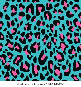 Leopard seamless pattern with pink and black spots on blue background. Vector illustration. 