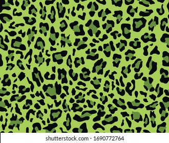 Leopard seamless pattern for printing clothes, fabrics. Green animal skin background. Stylish design. Vector