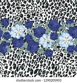 Leopard seamless pattern with roses.Animal print. Decorative background. Vector illustration
