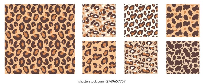 Leopard seamless pattern with rosette and spot in warm gold and brown. Classic leopard animal print with cheetah skin for trendy fashion. Hand drawn vector safari motifs on orange backdrop collection.