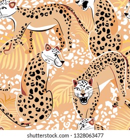 Leopard seamless pattern. Safari style. Composition with different leopards, palm leaves and leopard dots. Vector illustration for textile, postcard, fabric, wrapping paper, background, packaging.