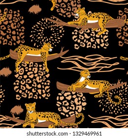 Leopard seamless pattern. Safari style. Composition with leopards in different poses on branch and abstract brush strokes and textures. Vector illustration for textile, fabric, wrapping paper, backgro