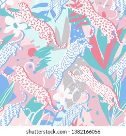 Leopard seamless pattern. Leopard silhouettes in a geometric print. Absract jungle background with geometric elements, doodles, exotic flowers and leaves. Good for textile, fabric clothes.