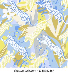 Leopard seamless pattern. Leopard silhouettes in a geometric print. Absract jungle background with geometric elements, doodles, exotic flowers and leaves. Good for textile, fabric clothes.