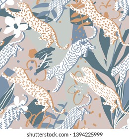Leopard seamless pattern. Leopard silhouettes in a geometric print. Absract jungle background with geometric elements, doodles, exotic flowers and leaves. Good for textile, fabric clothes.
