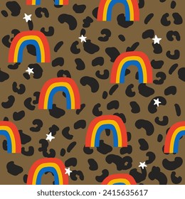 Patrón leopardo sin fisuras con estrellas y arcos. Impresión fresca para textiles o papel. Ilustración dibujada a mano por vectores.