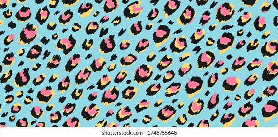 Leopard seamless pattern texture in blue and pink vector illustration. Animal pattern with different colours flat style. Realistic abstract animal texture concept