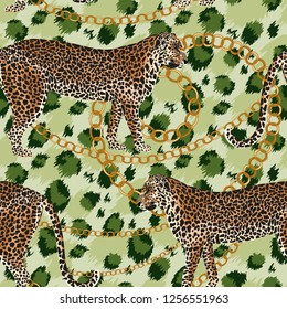 Leopard seamless pattern. Tiger skin print with gold chain. Animal background. Vector illustration